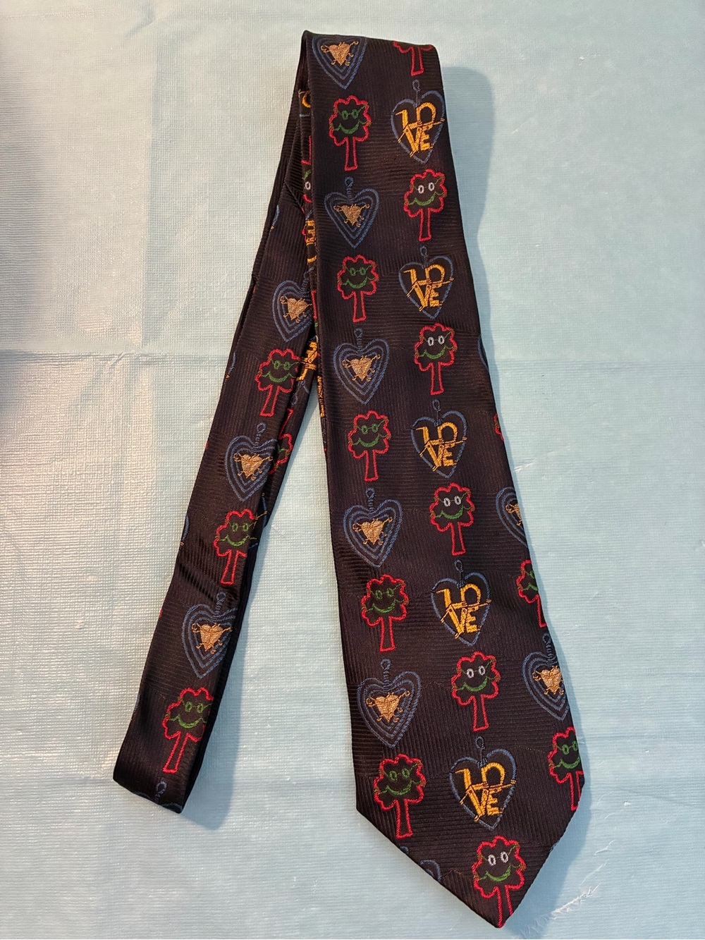 MOSCHINO Navy Silk Tie with Colorful Tree & Heart Motif ‘Love’ Italy